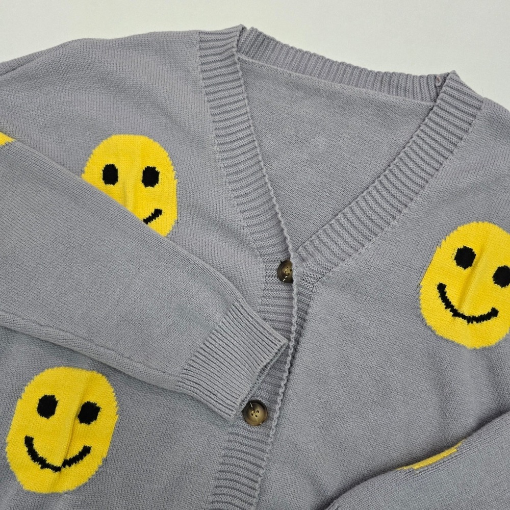 Smiley Face Graphic Knit Cardigan Grey Yellow XL HY052-XYT-07 - Picture 3 of 12